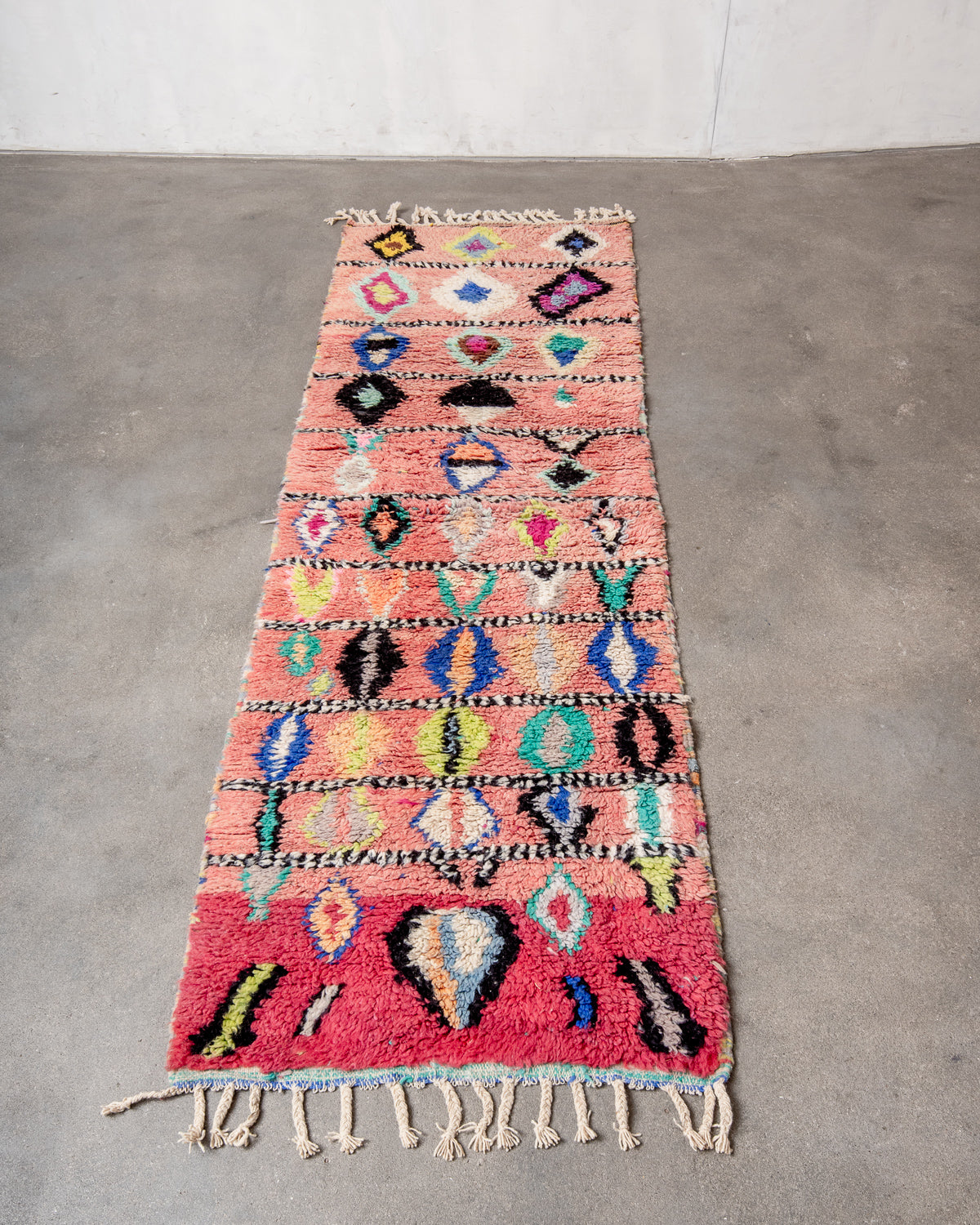 Modern, designer, handcrafted Berber runner rug from Morocco. Vintage carpet with beautiful colours and patterns and fluffy texture.